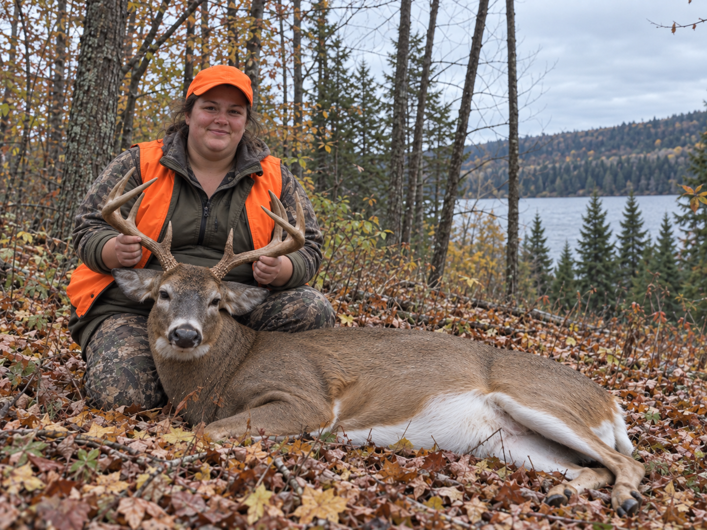 Adult woman in blaze orange posing with a harvested whitetail buck