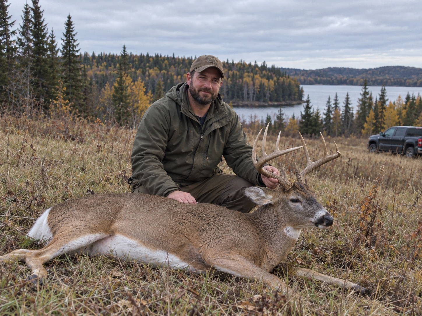 Hunter posing with an eight-point whitetail buck