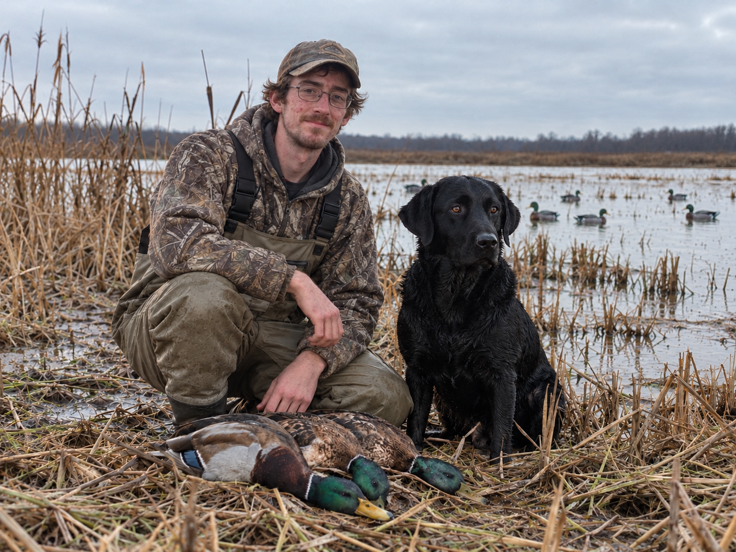 Slender young adult hunter with glasses, a Labrador and harvested mallards beside a marsh