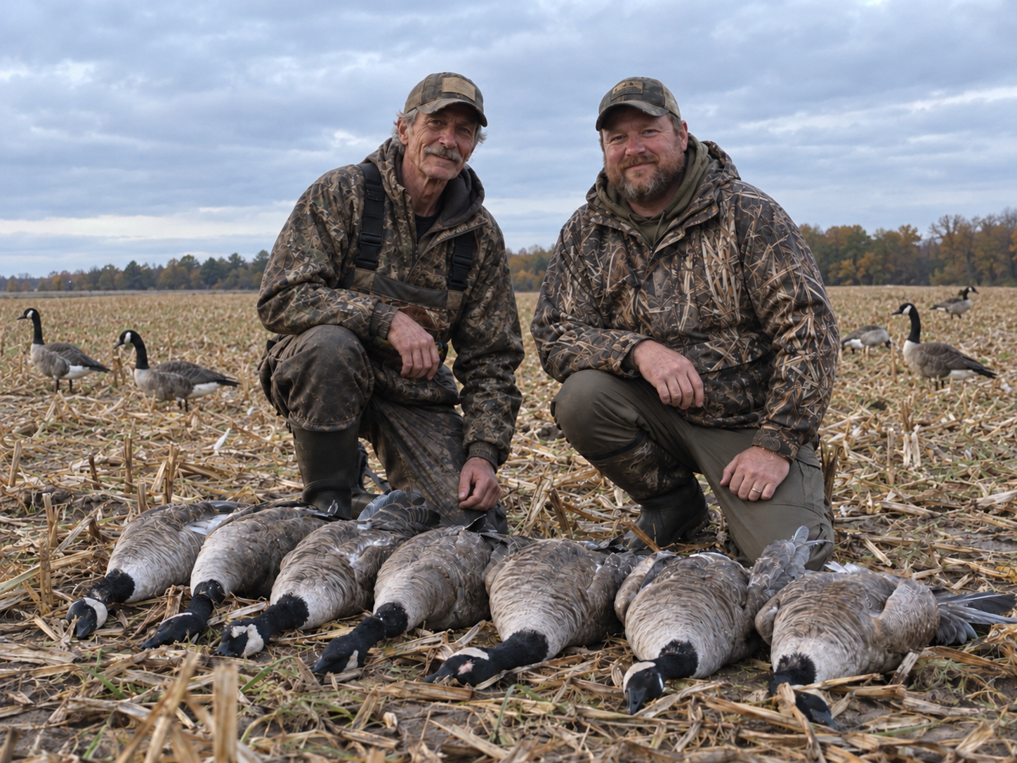 Two adult hunters of different ages posing behind harvested geese in a cornfield