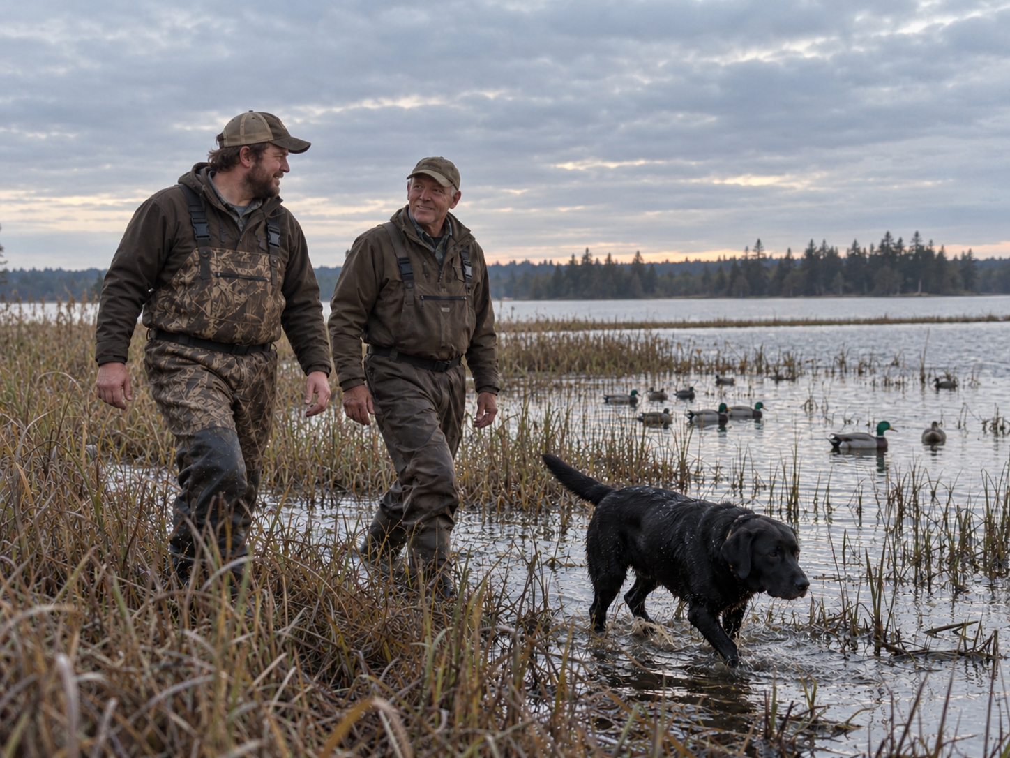 Two waterfowl hunters and a retrieving dog beside open water